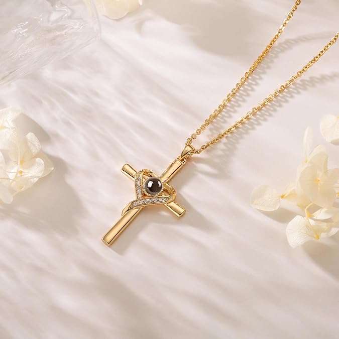 Woman wearing the Isaiah 41:10 projection cross necklace