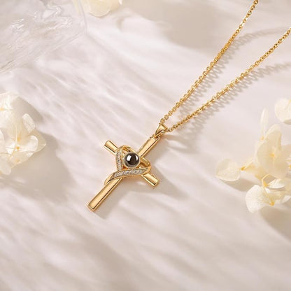 Woman wearing the Isaiah 41:10 projection cross necklace